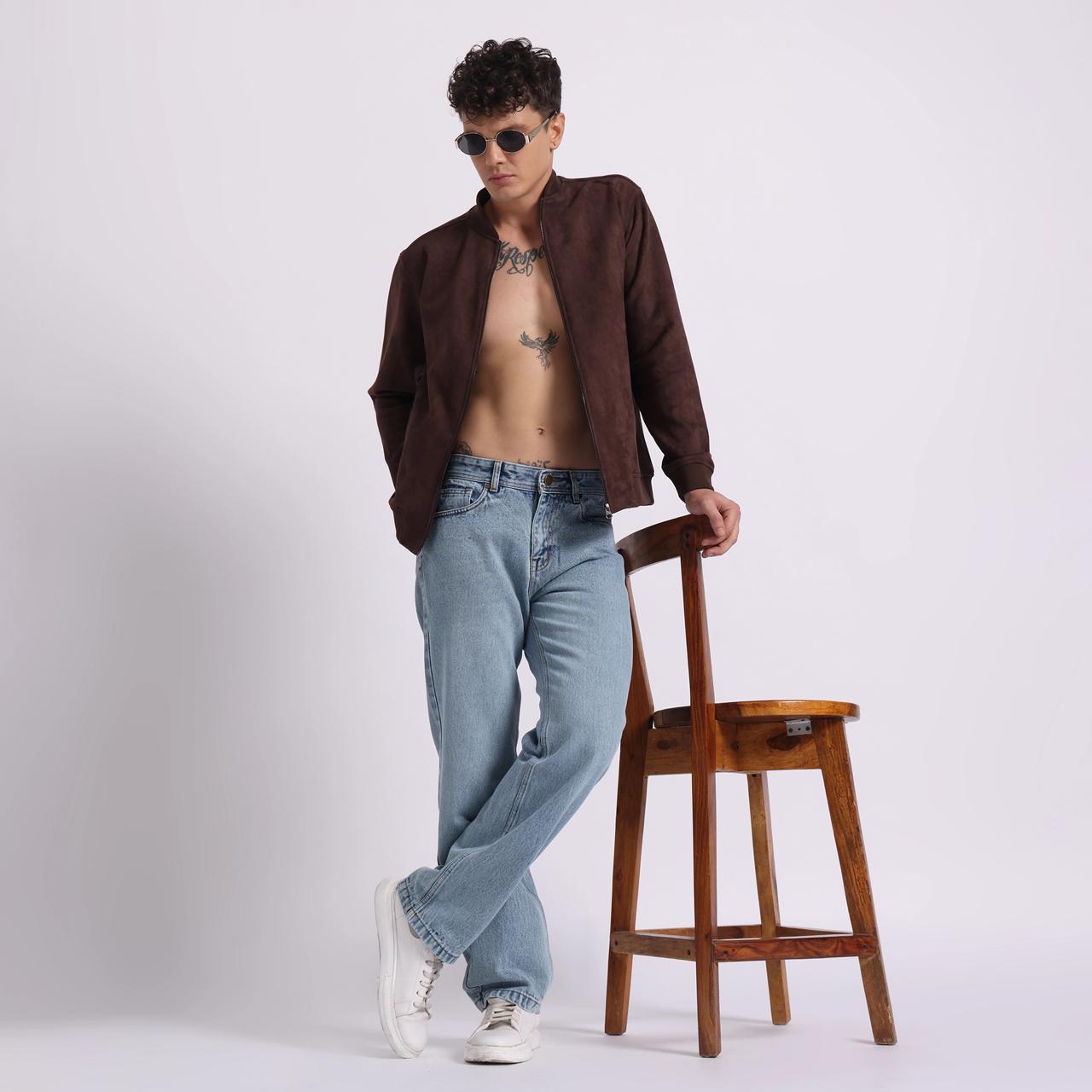 "Man wearing Gent & Jr. Straight fit jeans in an urban street-style look showcasing affordable luxury men's fashion"