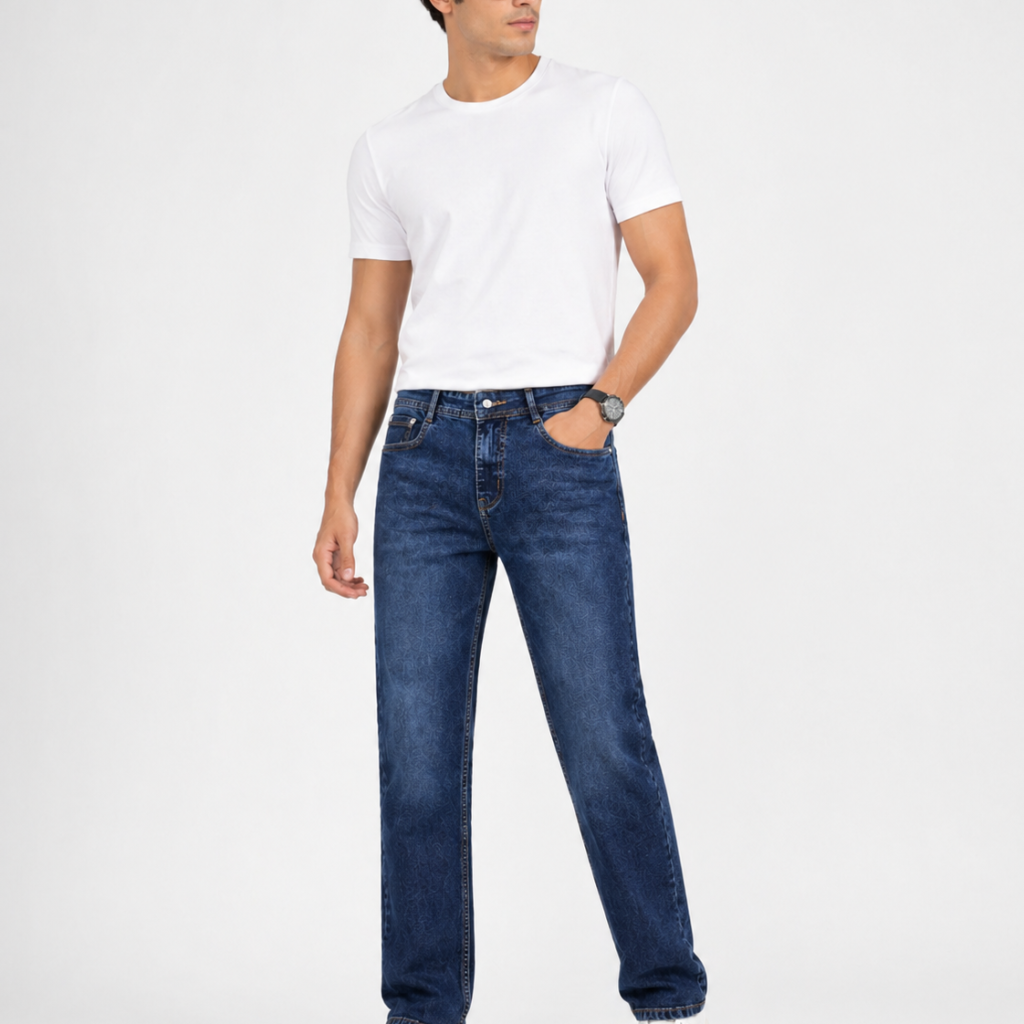 Men’s indigo medium blast jeans regular fit premium faded denim style