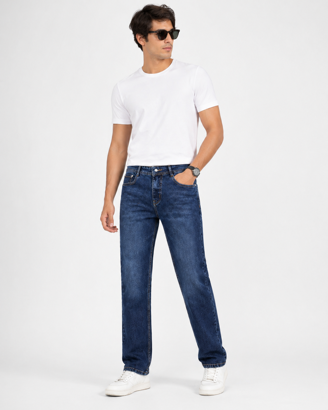 Men’s indigo medium blast jeans regular fit premium faded denim style