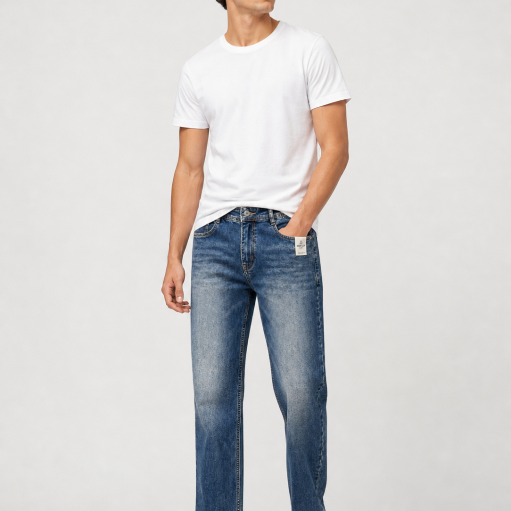 Men’s indigo tint shade regular fit jeans – subtle washed finish front and back