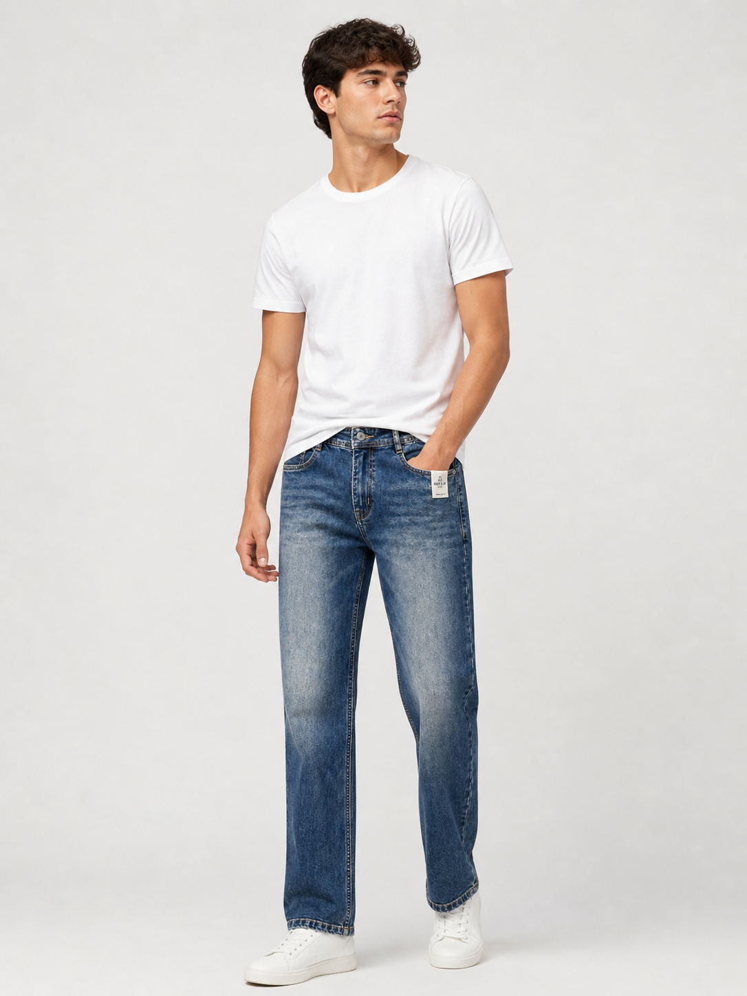 Men’s indigo tint shade regular fit jeans – subtle washed finish front and back